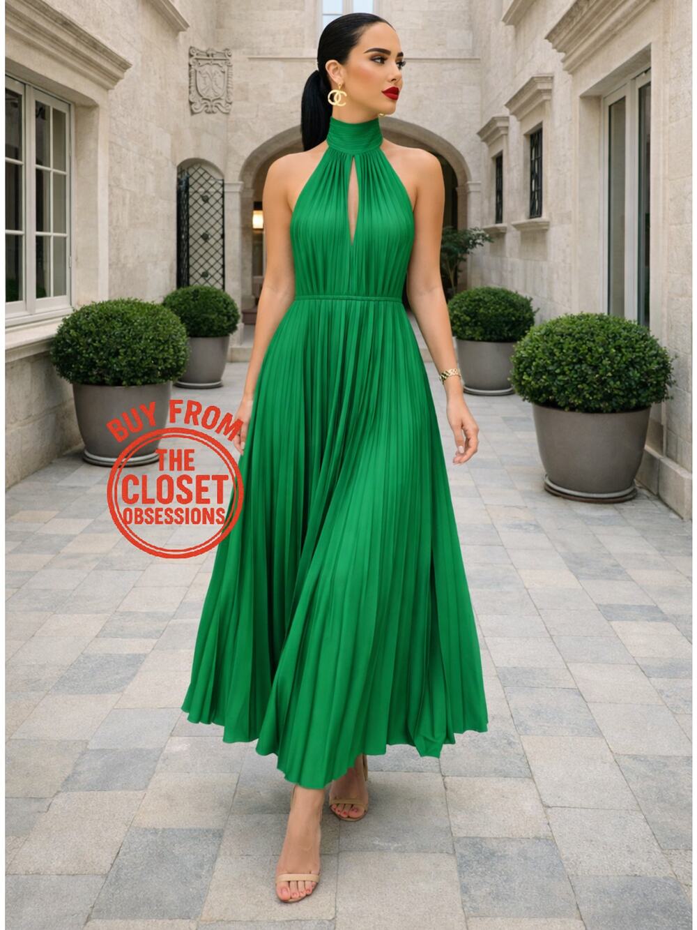 MANGO Green Pleated Halter Midi Dress NWT Open Back Wedding Guest Dress
